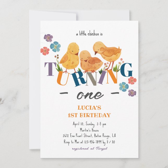 Invitation Aquarelle Cute Poulet Famille 1er anniversaire (Devant)