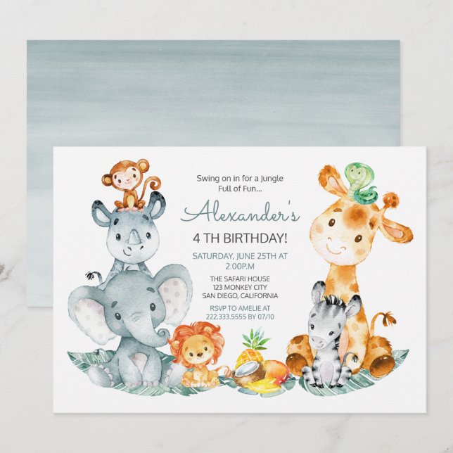 Invitation Aquarelle Cute Safari Jungle Animaux Anniversaire (Devant / Derrière)