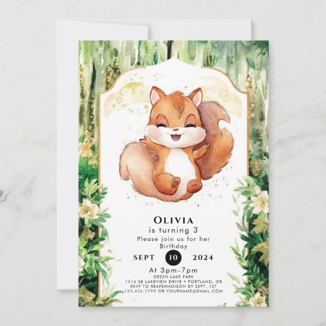 Invitation Aquarelle Cute Squirrel Anniversaire (Devant)