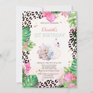 Invitation Aquarelle Cute Swan Fleurs tropicales Anniversaire