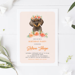 Invitation Aquarelle Dachshund Pêcher Florals Chien Anniversa