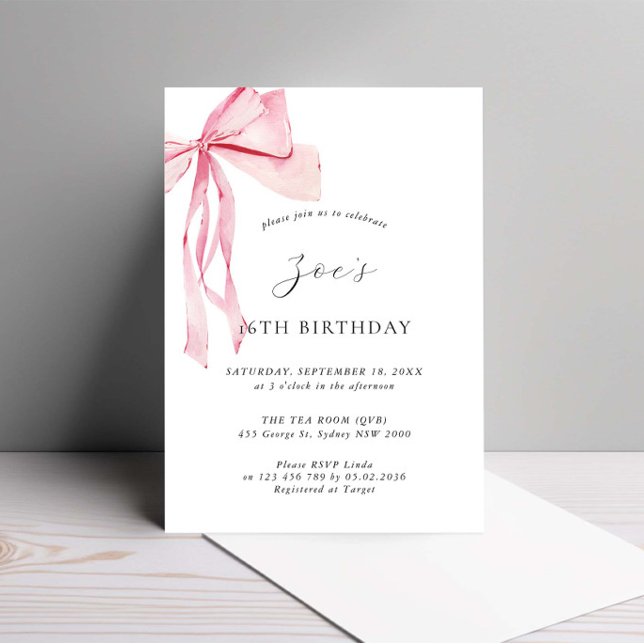Invitation Aquarelle Dainty Bow rose 16e anniversaire (Créateur téléchargé)
