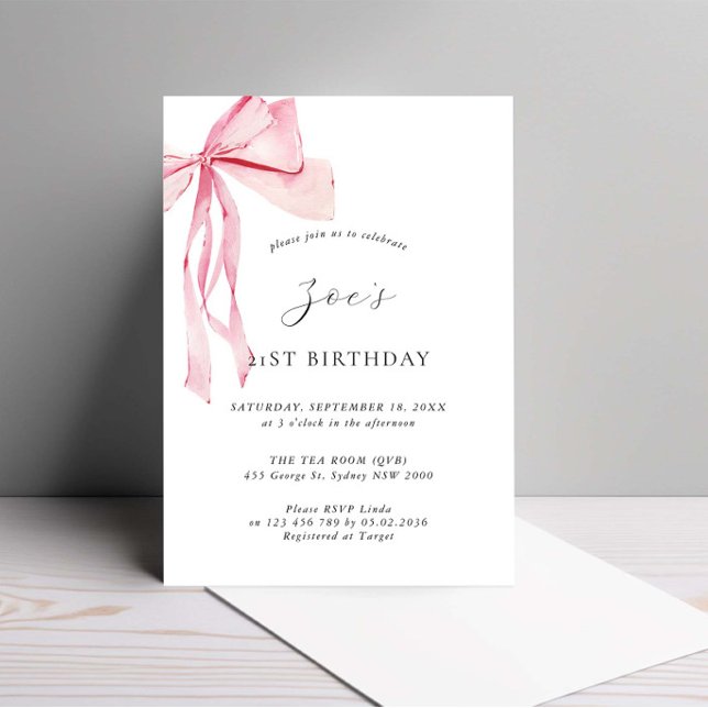 Invitation Aquarelle Dainty Bow rose 21e anniversaire (Créateur téléchargé)
