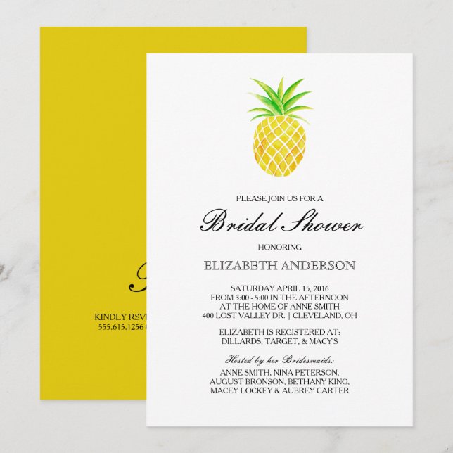 Invitation Aquarelle d'ananas Fête des mariées tropicale (Devant / Derrière)