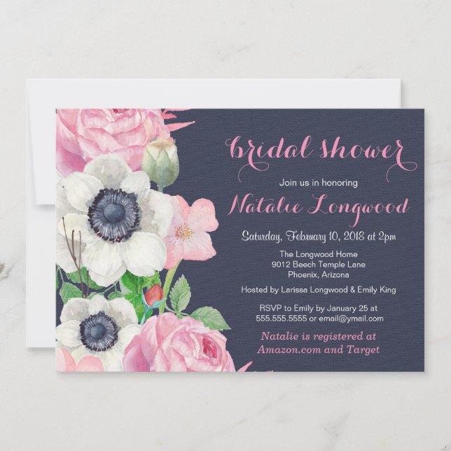 Invitation Aquarelle d'anémone florale Bébé ou Fête des marié (Devant)