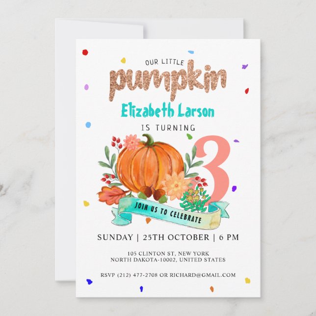 Invitation Aquarelle d'anniversaire couleur Citrouille mignon (Devant)