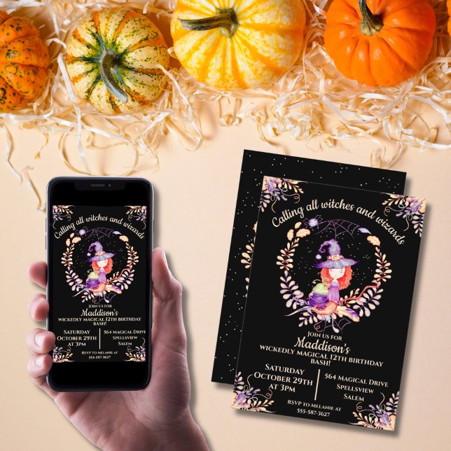 Invitation Aquarelle d'anniversaire de la sorcière (Créateur téléchargé)