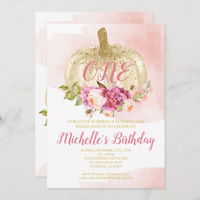 Invitation Aquarelle d'anniversaire d'or de rose de fille de (Devant / Derrière)