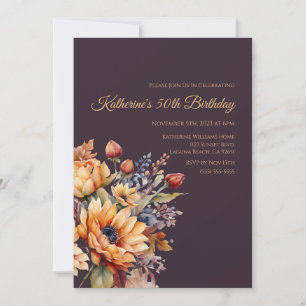 Invitation Aquarelle d'anniversaire Fleurs d'automne-violet-
