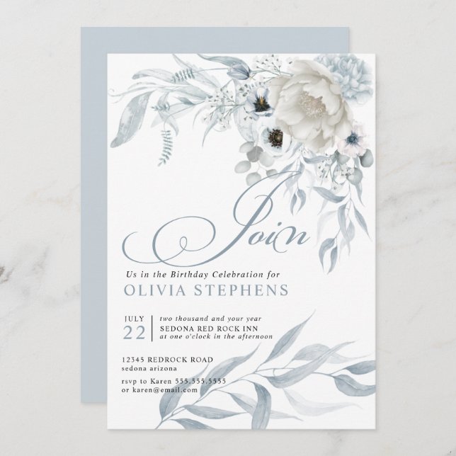 Invitation Aquarelle d'anniversaire Pale Dusty Bleu Floral (Devant / Derrière)