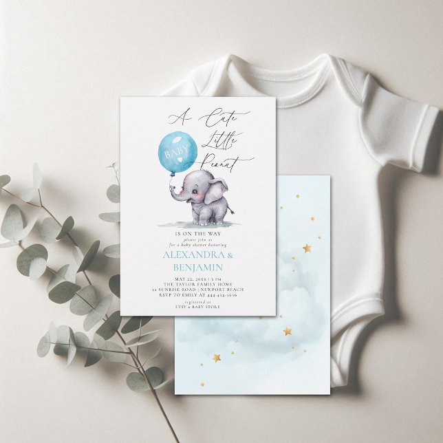Invitation Aquarelle d'arachide mignonne éléphant Bébé garçon (little peanut baby shower invitation elephant balloon watercolor coed couple modern elegant cute)