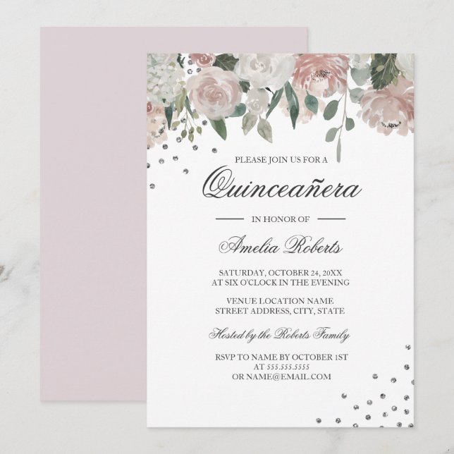 Invitation Aquarelle d'argent clair Quinceanera (Devant / Derrière)