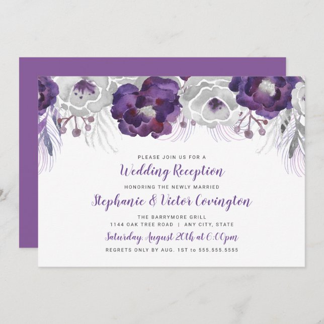 Invitation Aquarelle d'argent violet Réception de mariage flo (Devant / Derrière)