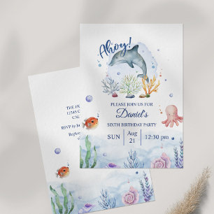Invitation Aquarelle Dauphin Vie marine Anniversaire