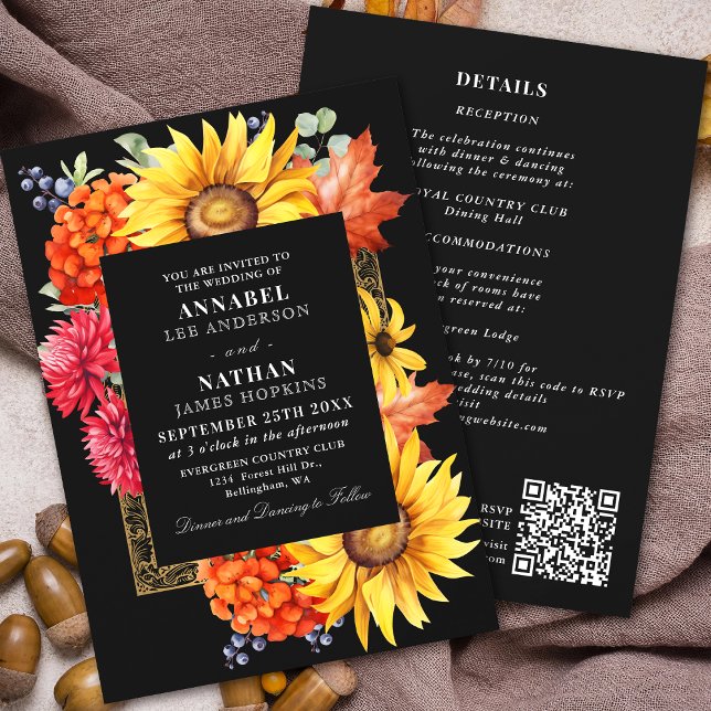 Invitation Aquarelle d'automne noir Floral QR Code (Créateur téléchargé)