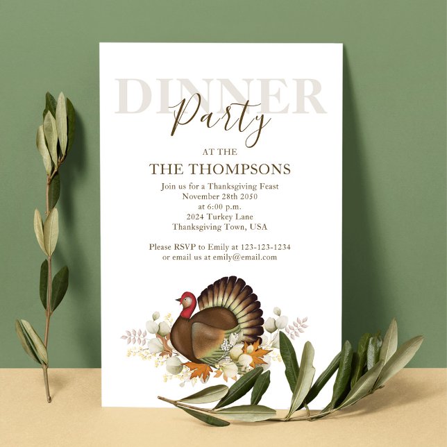Invitation Aquarelle d'automne Turquie Thanksgiving Dîner (Thanksgiving dinner invitation with watercolor turkey and fall foliage. )