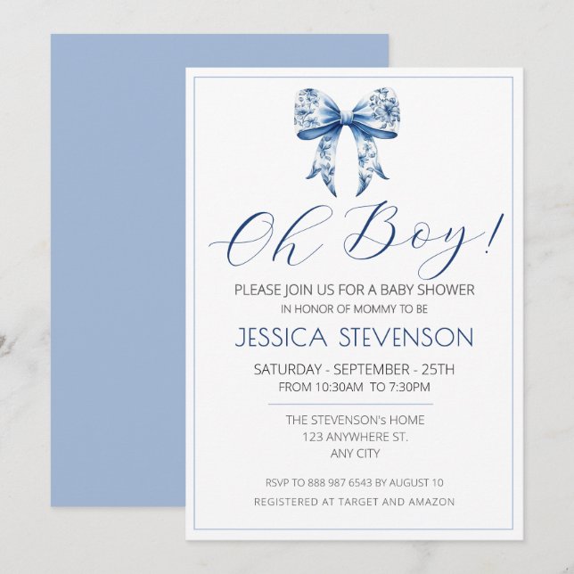 Invitation Aquarelle de Baby shower de la Bow bleue (Devant / Derrière)