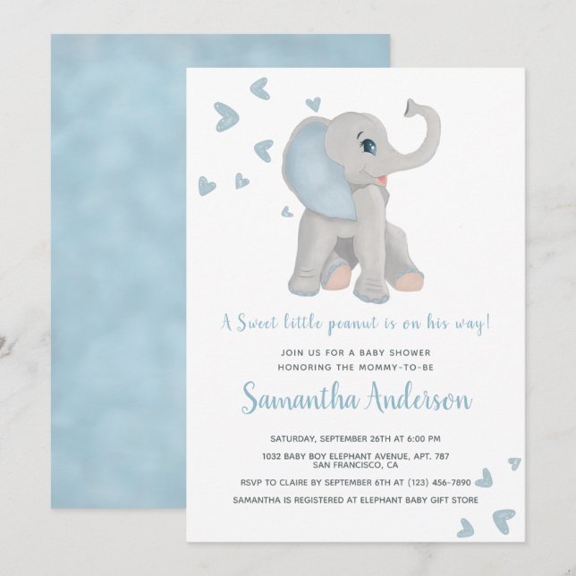 Invitation Aquarelle de Baby shower Eléphant Bleu Cute (Devant / Derrière)