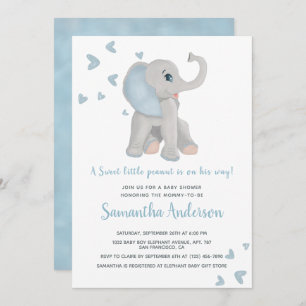 Invitation Aquarelle de Baby shower Eléphant Bleu Cute