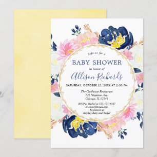 Invitation Aquarelle de baby shower floral bleu marine et ros