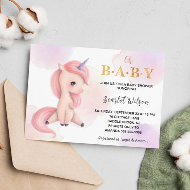 Invitation Aquarelle de Baby shower Unicorne mignonne (Créateur téléchargé)
