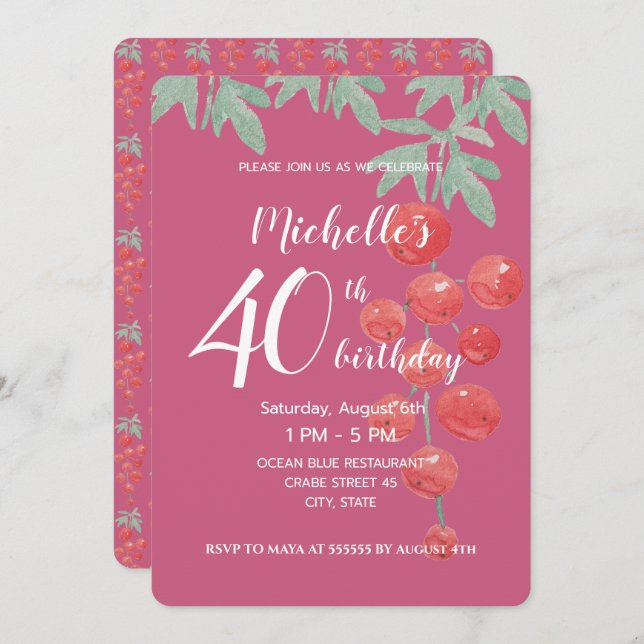 Invitation Aquarelle de baies de Currant Rouge peinte à la ma (Devant / Derrière)