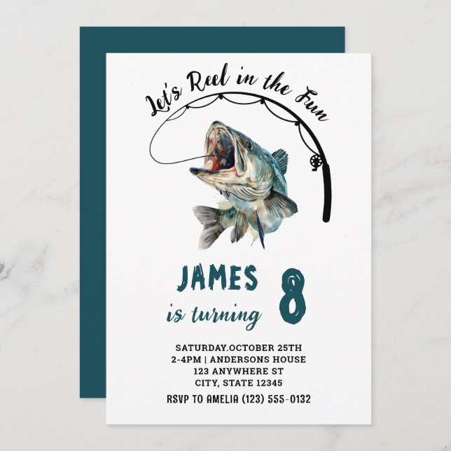 Invitation Aquarelle de bobine dans la pêche amusante Anniver (Devant / Derrière)