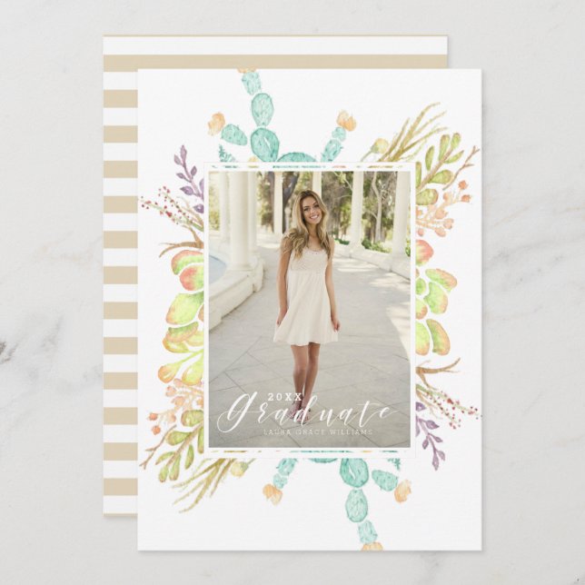 Invitation Aquarelle de bouquet Succulente | Graduation Party (Devant / Derrière)