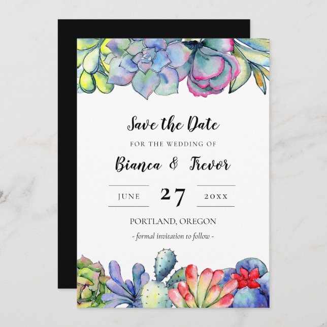 Invitation Aquarelle de cactus Succulente Enregistrer la date (Devant / Derrière)