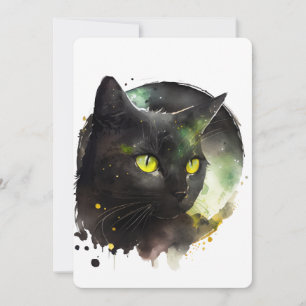 Invitation Aquarelle de chat noir mystique - Art nocturne enc