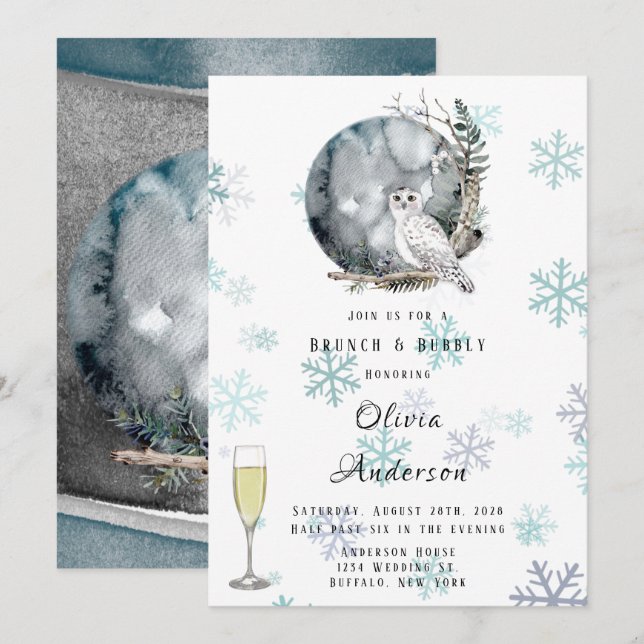 Invitation Aquarelle de Chouette des neiges d'hiver Brunch &  (Devant / Derrière)