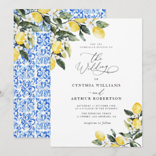 Invitation aquarelle de citron bleu méditerranéen mariage