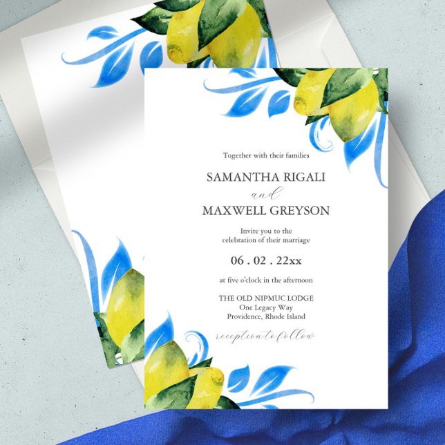 Invitation Aquarelle de citron Mariage italien botanique (wedding invitation Italian theme lemons yellow and blue watercolor)