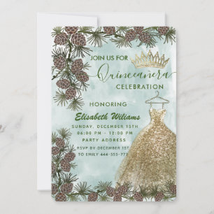 Invitation Aquarelle de cône de pin or tiara Quinceañera