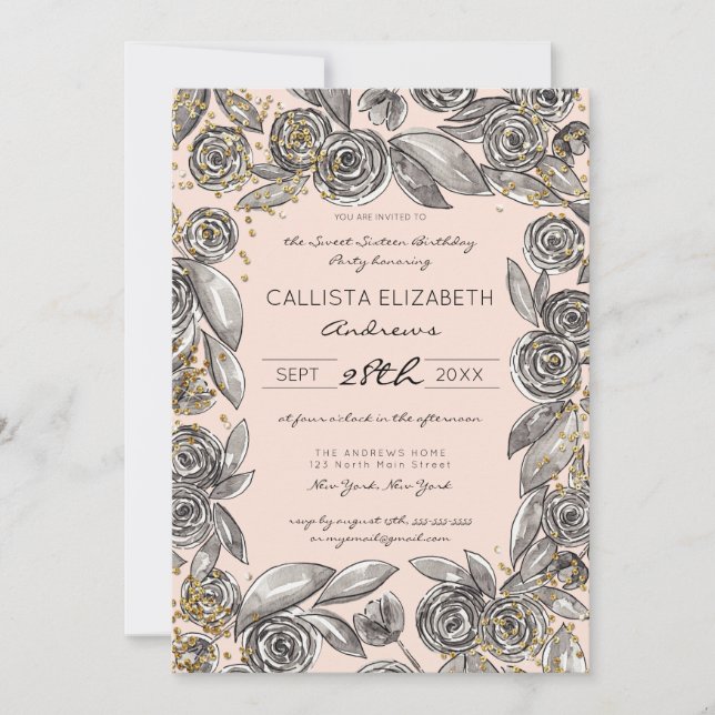 Invitation Aquarelle de Confetti Floral d'or noir Sweet 16 (Devant)