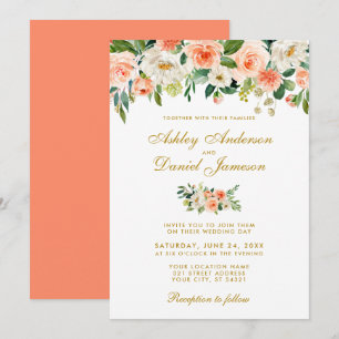 Invitation Aquarelle de corail Floral Gold Mariage CB