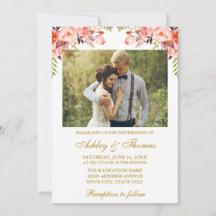 Invitation Aquarelle de corail Floral Photo Mariage or