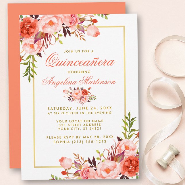 Invitation Aquarelle de corail Floral Quinceanera Gold Frame (Customize to change text color, style, add text & photos to back or change color of back of card.)