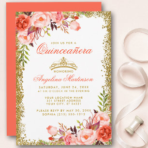 Invitation Aquarelle de corail Floral Quinceanera Gold Partie
