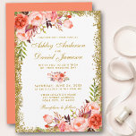 Invitation Aquarelle de corail Mariage Floral Parties scintil<br><div class="desc">Carte de Faire-part de mariage en or de corail floral - Coral Back</div>