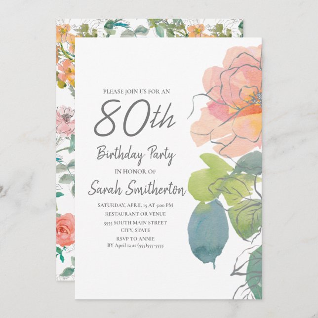 Invitation Aquarelle de corail rose Boho Floral 80e anniversa (Devant / Derrière)