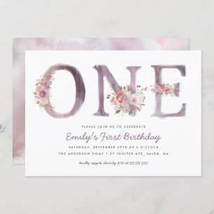 Invitation Aquarelle de couleur rose pourpre 1er anniversaire