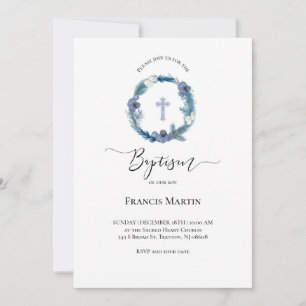 Invitation aquarelle de couronne bleu d'hiver   Baptême