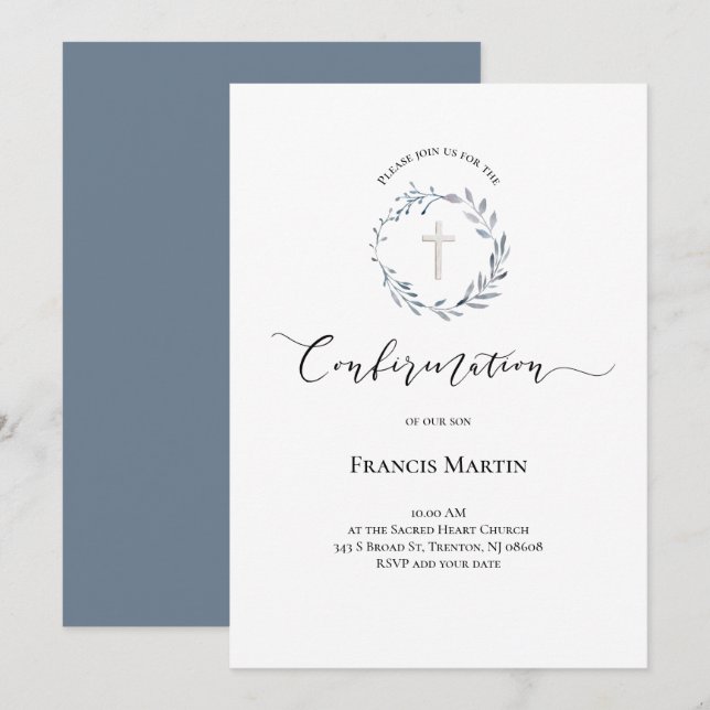 Invitation aquarelle de couronne bleu poussiéreux Confirmatio (Devant / Derrière)