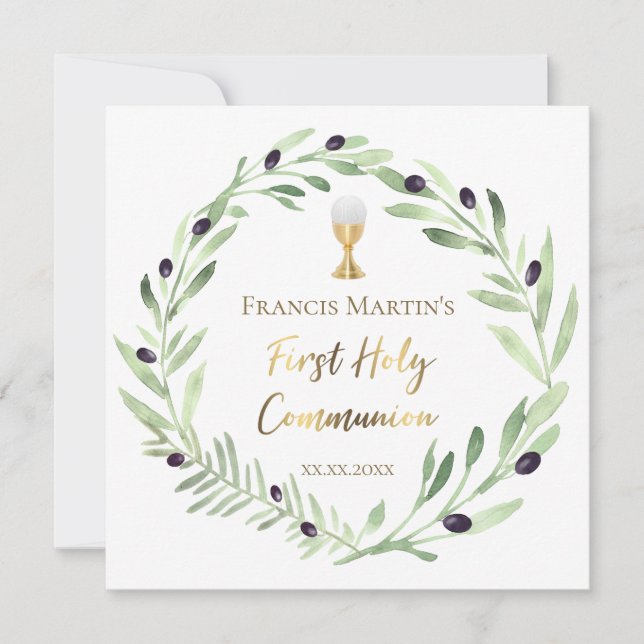 Invitation aquarelle de couronne d'olivier Première communion (Devant)