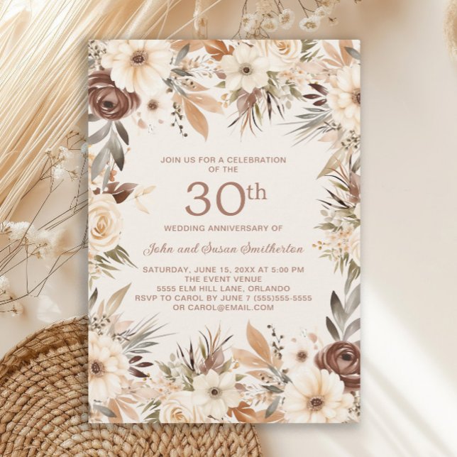 Invitation Aquarelle de crème Brown Floral 30e anniversaire (Rustic boho-style 30th wedding anniversary invitation)