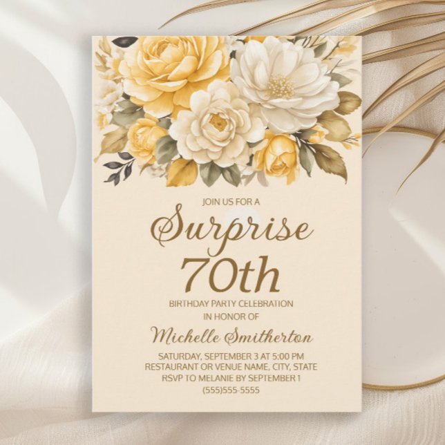 Invitation Aquarelle de crème d'ivoire jaune Surprise florale (Yellow and ivory/cream-colored watercolor floral surprise 70th birthday party invitation for her.)