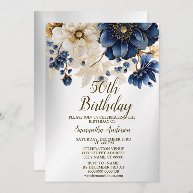 Invitation Aquarelle de fête d'anniversaire Marine Bleu Fleur (Devant / Derrière)