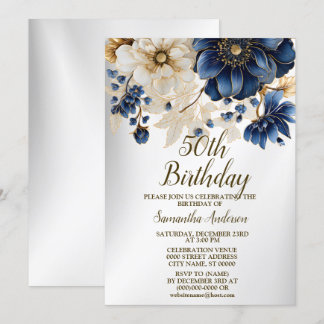 Invitation Aquarelle de fête d'anniversaire Marine Bleu Fleur