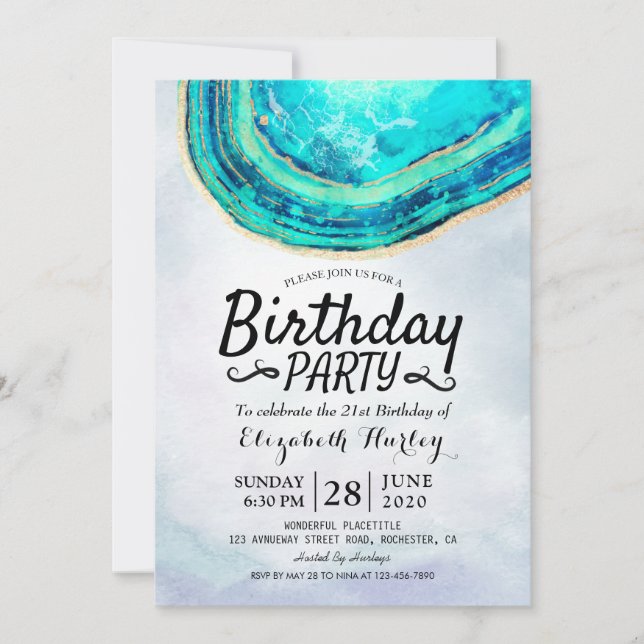 Invitation Aquarelle de fête d'anniversaire Turquoise et Gold (Devant)